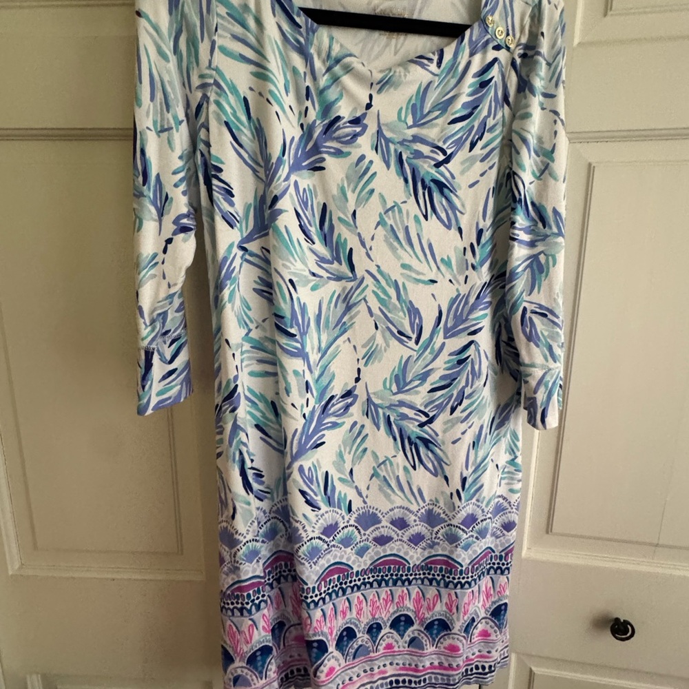 Floral Patterned Dress with Blue and Pink Accents